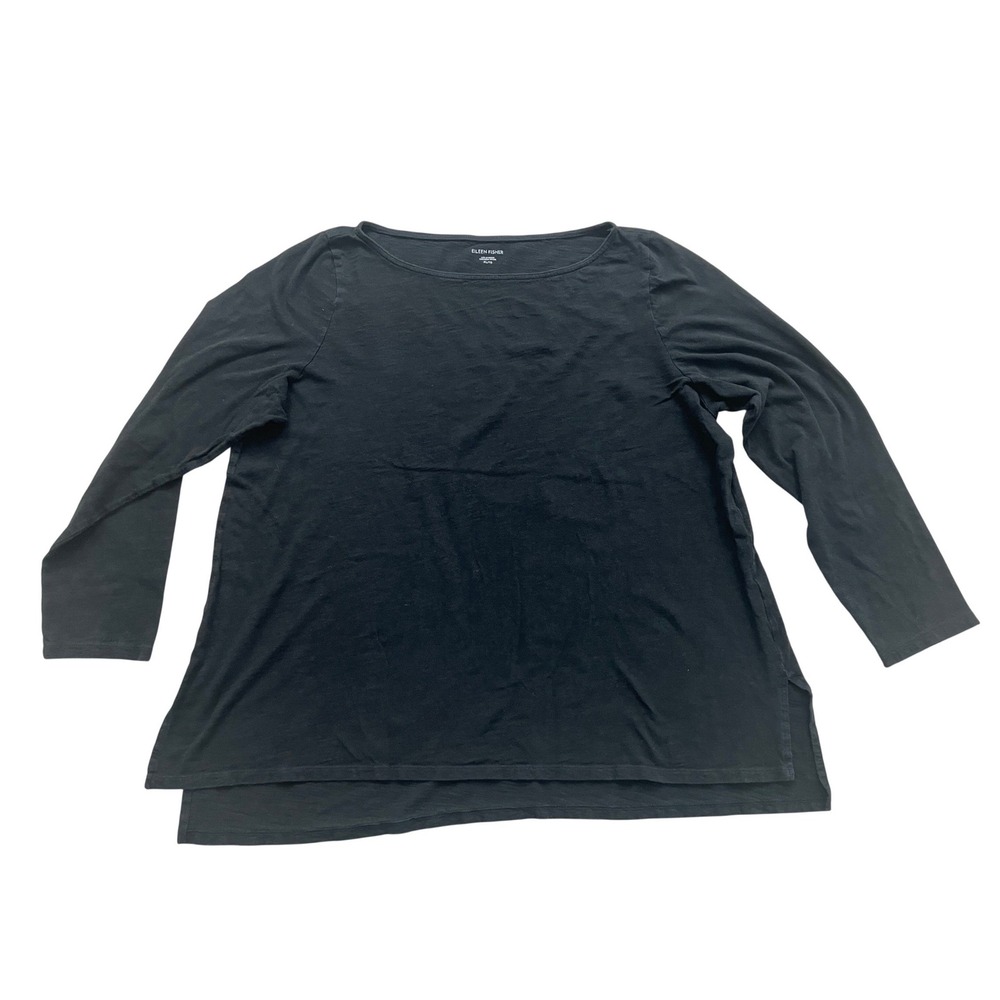 Eileen Fisher Black Organic Cotton Boat Neck 3/4 Sleeve Tunic Top XL Slub Jersey